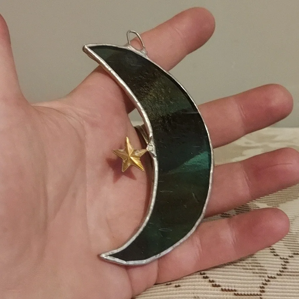 Handmade Stained Glass Crescent Moon Suncatcher Emerald Green Black Star 4x2in